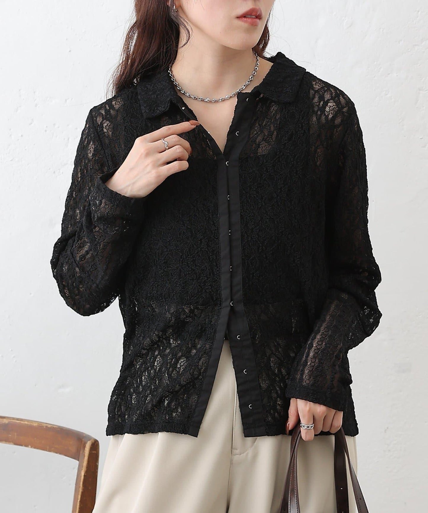 蕾絲拼接 前門襟排扣 針織開衫
