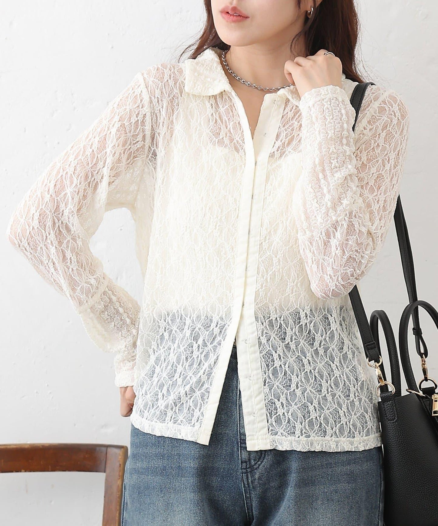 蕾絲拼接 前門襟排扣 針織開衫