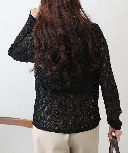蕾絲拼接 前門襟排扣 針織開衫