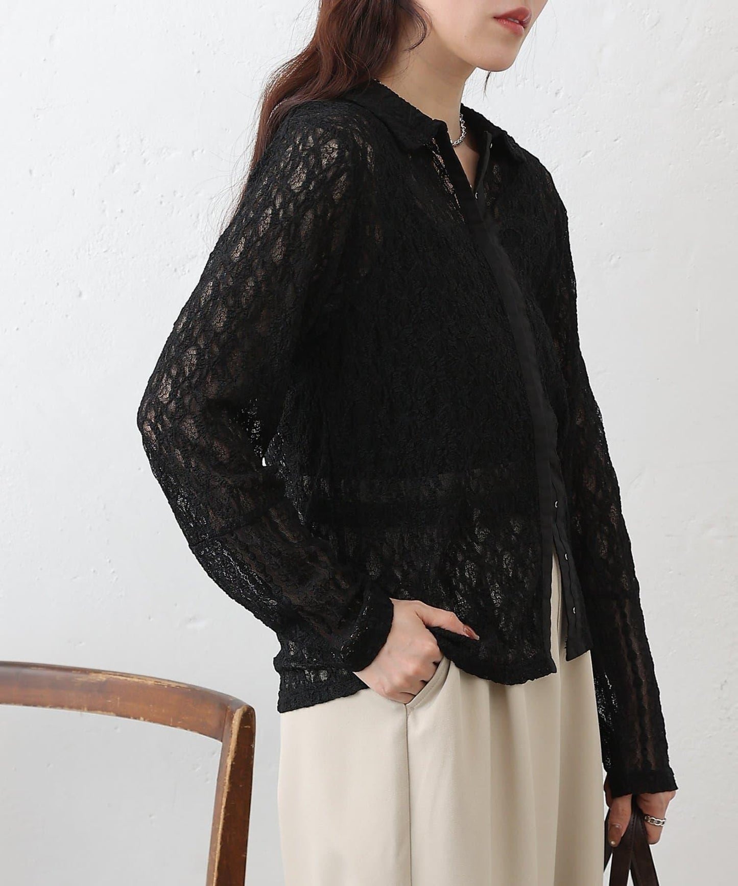 蕾絲拼接 前門襟排扣 針織開衫