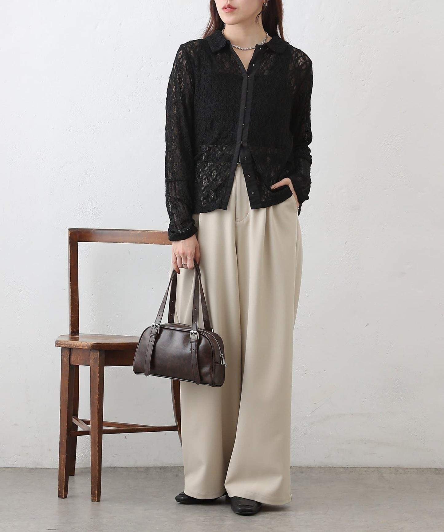 蕾絲拼接 前門襟排扣 針織開衫