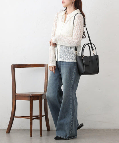 蕾絲拼接 前門襟排扣 針織開衫