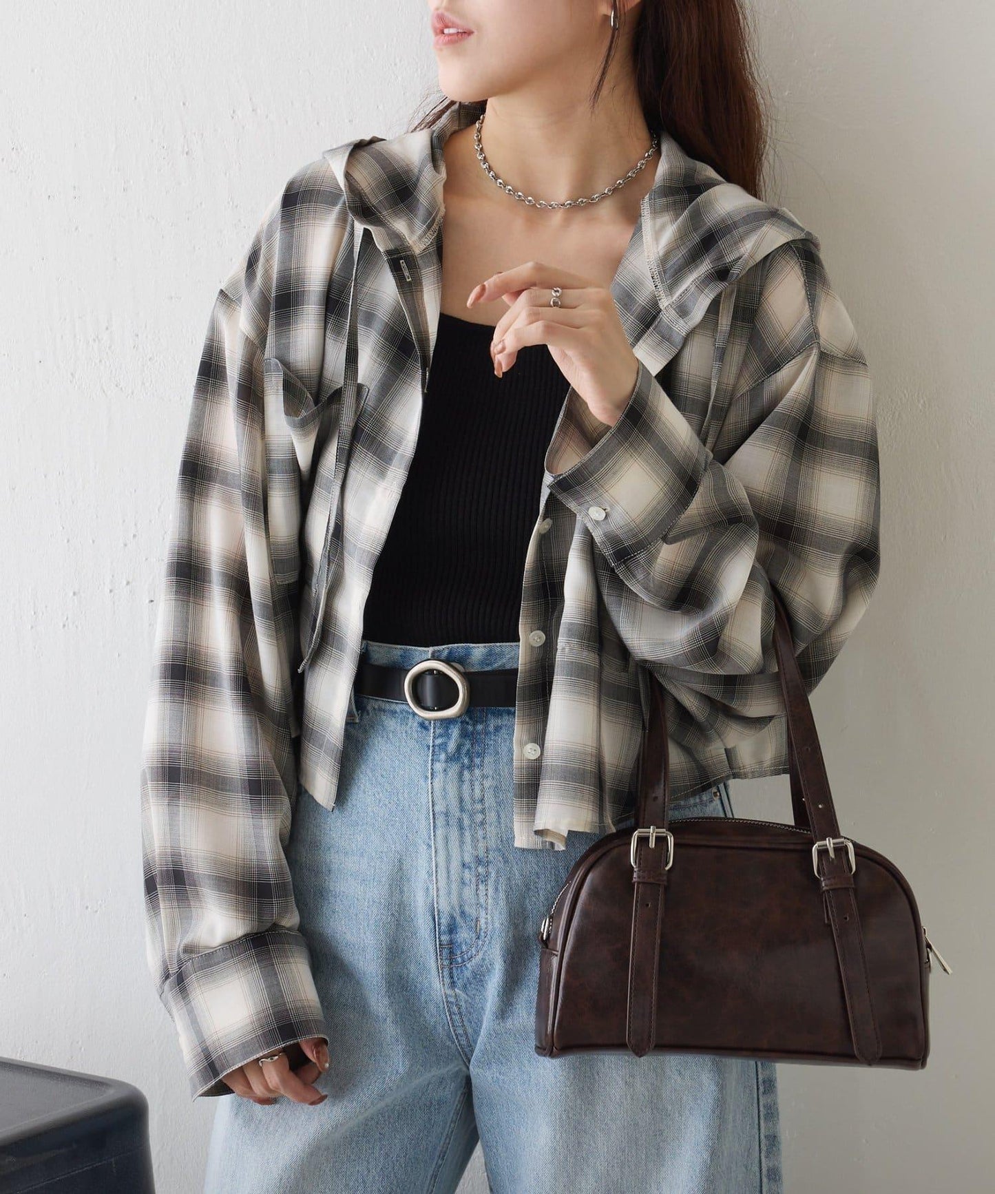 格紋連帽短款襯衫