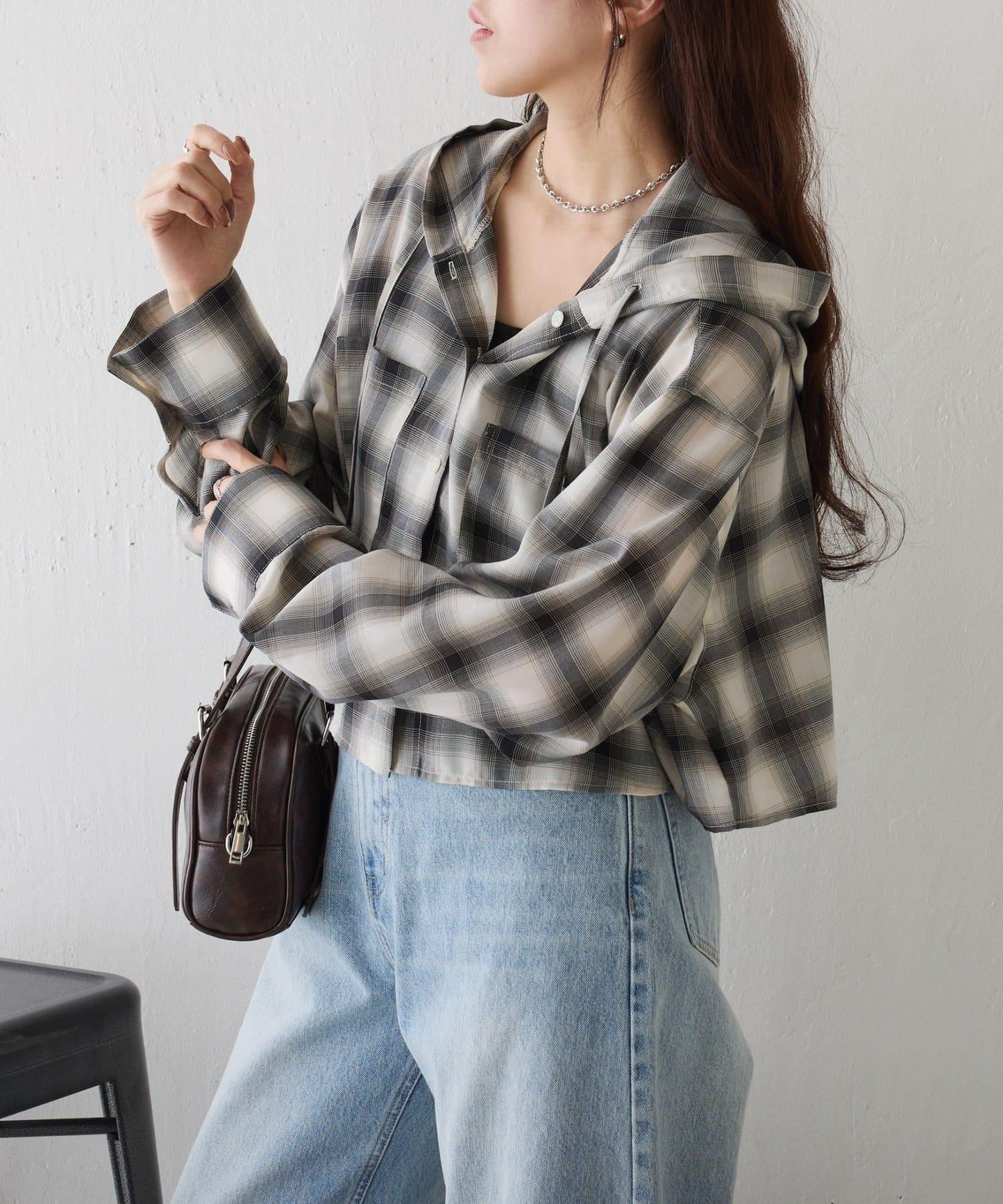 格紋連帽短款襯衫