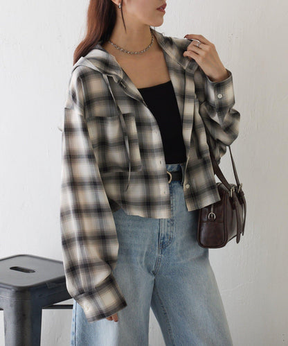 格紋連帽短款襯衫