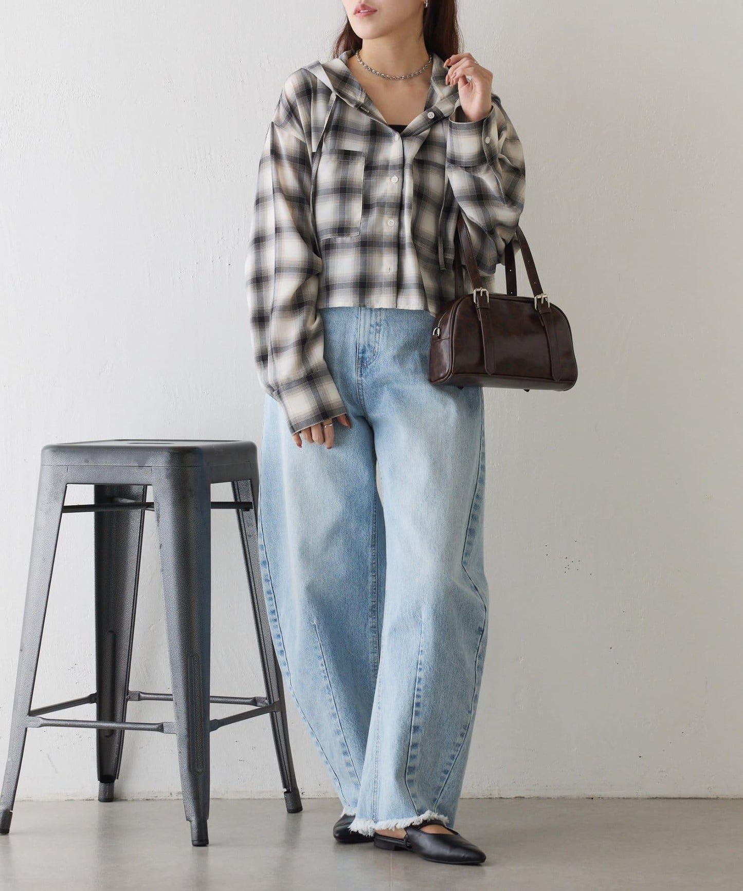 格紋連帽短款襯衫