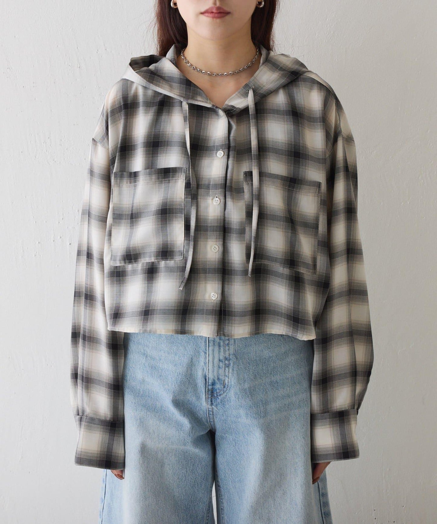 格紋連帽短款襯衫