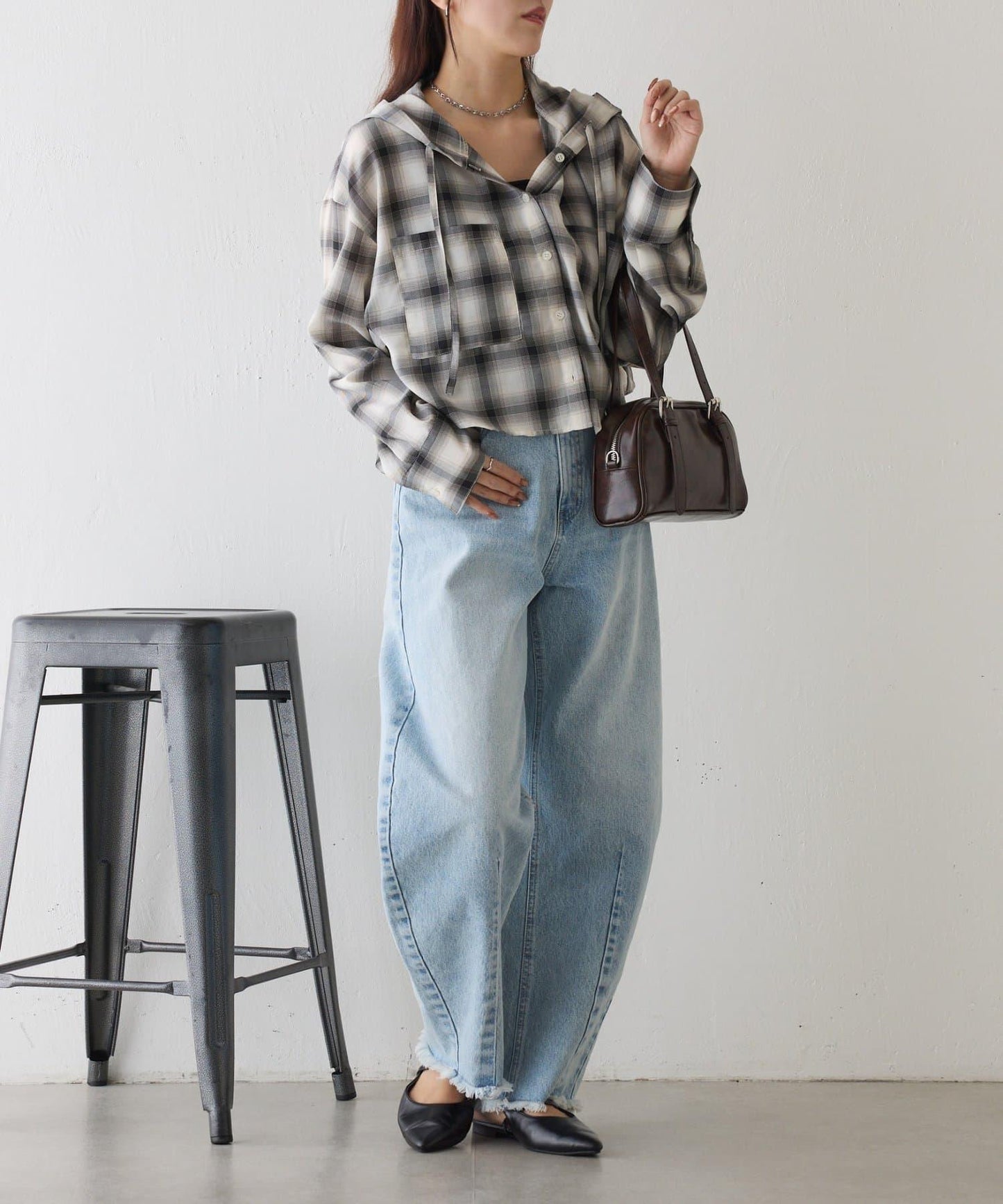 格紋連帽短款襯衫