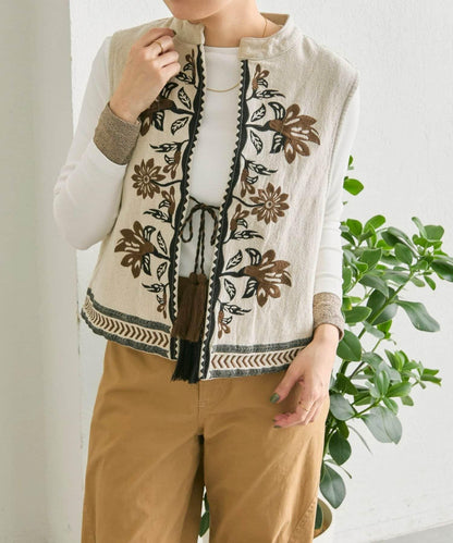 《ショート丈/綿麻素材》 花卉刺繡 棉麻質感 馬甲 SUM1 STYLE款