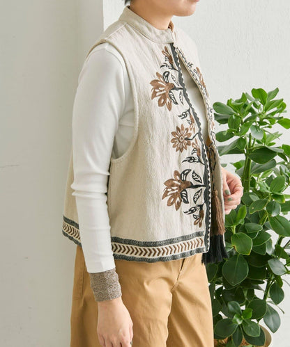 《ショート丈/綿麻素材》 花卉刺繡 棉麻質感 馬甲 SUM1 STYLE款