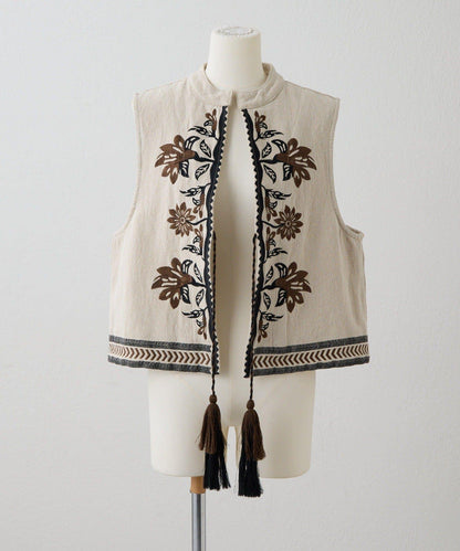 《ショート丈/綿麻素材》 花卉刺繡 棉麻質感 馬甲 SUM1 STYLE款