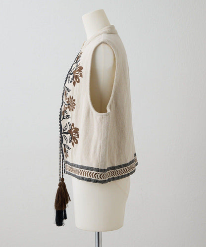 《ショート丈/綿麻素材》 花卉刺繡 棉麻質感 馬甲 SUM1 STYLE款