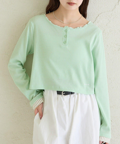 小短款亨利領長袖T恤