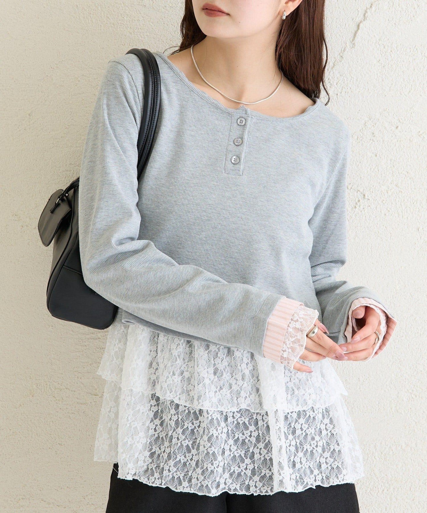 小短款亨利領長袖T恤