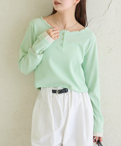 小短款亨利領長袖T恤