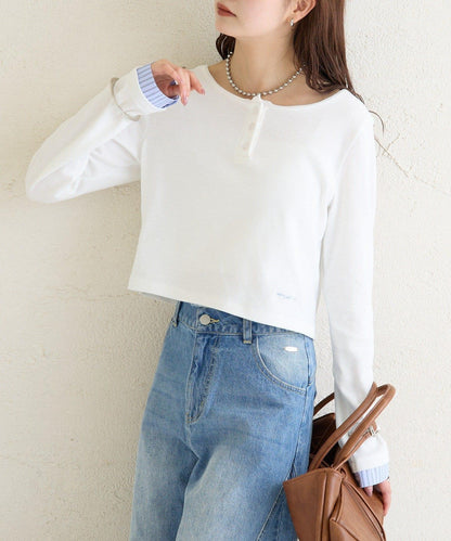 小短款亨利領長袖T恤