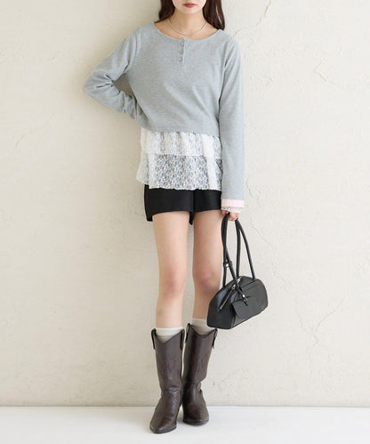 小短款亨利領長袖T恤