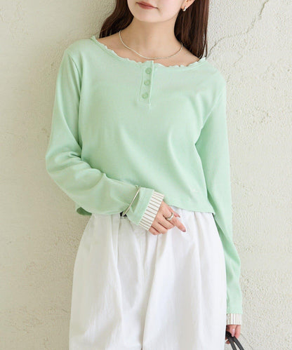 小短款亨利領長袖T恤