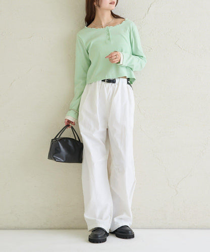 小短款亨利領長袖T恤