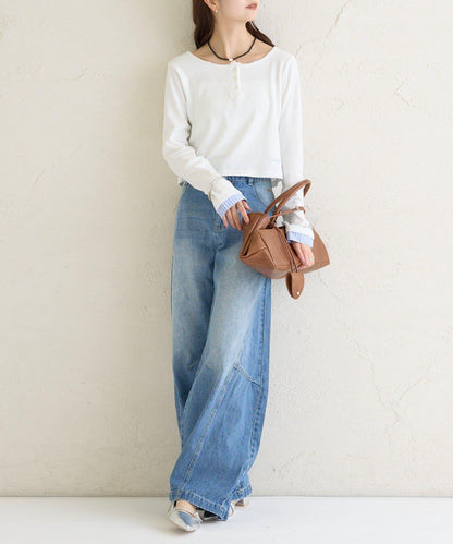 小短款亨利領長袖T恤