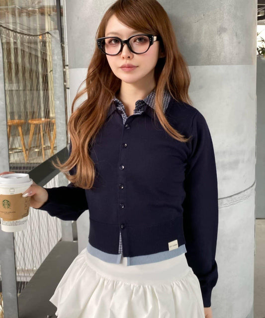 襯衫拼接假兩件設計 針織開衫