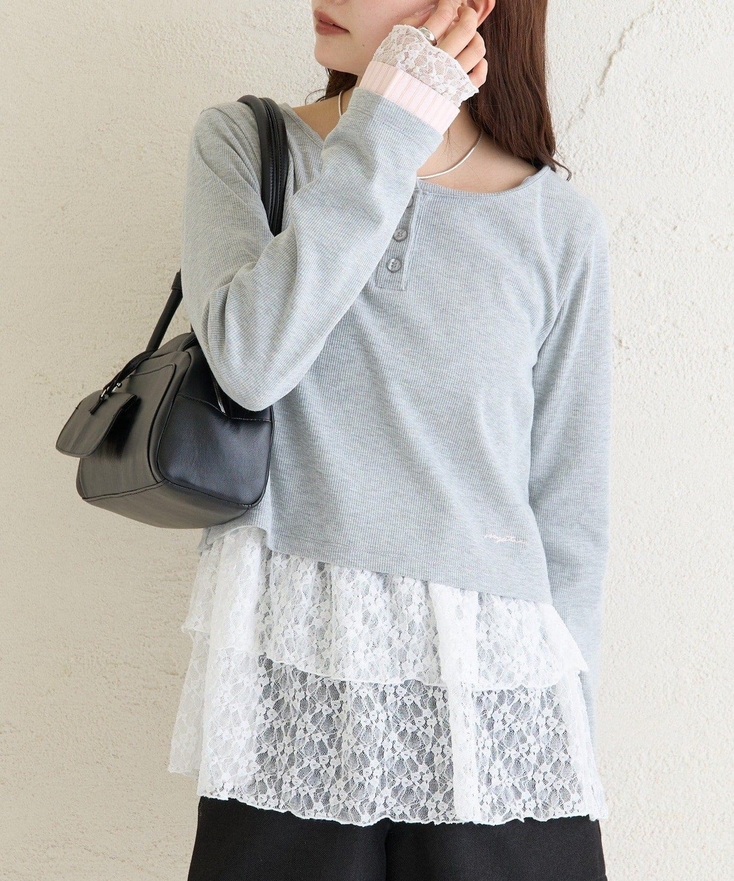 小短款亨利領長袖T恤