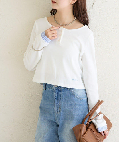 小短款亨利領長袖T恤