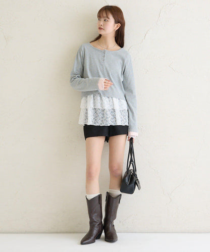 小短款亨利領長袖T恤