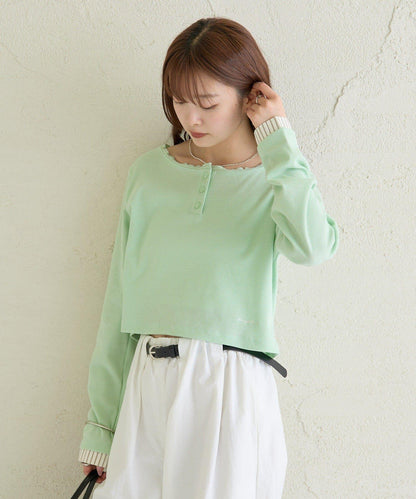 小短款亨利領長袖T恤