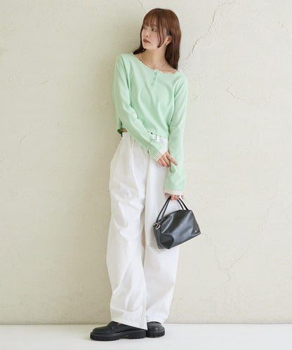 小短款亨利領長袖T恤