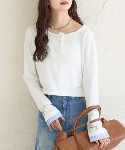 小短款亨利領長袖T恤