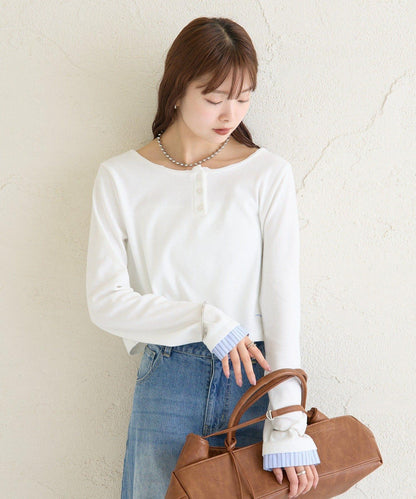 小短款亨利領長袖T恤