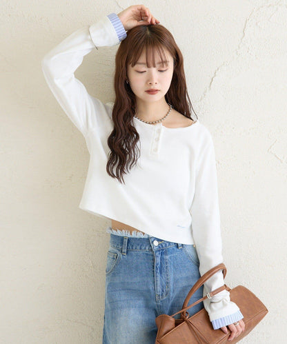 小短款亨利領長袖T恤