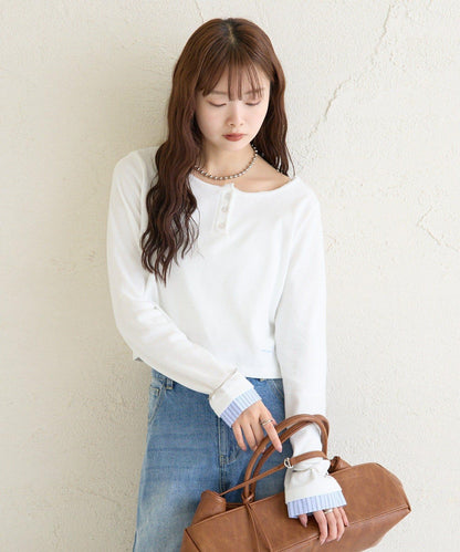 小短款亨利領長袖T恤