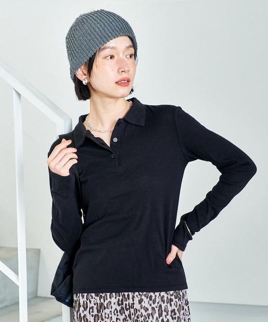 含羊絨 紗布羅紋 POLO領 長袖T恤