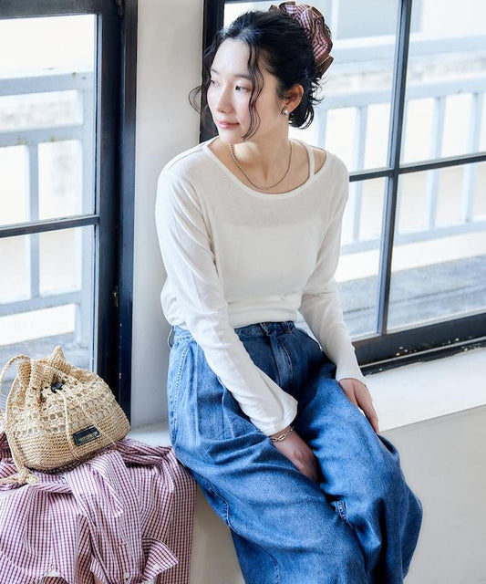 含羊絨 紗布羅紋 不對稱領 長袖T恤