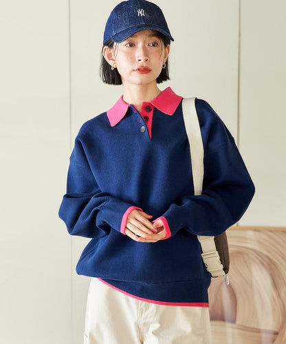 可機洗 衛衣風 配色 Polo針織衫