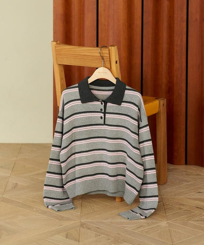 Polo領 條紋 短款 針織上衣