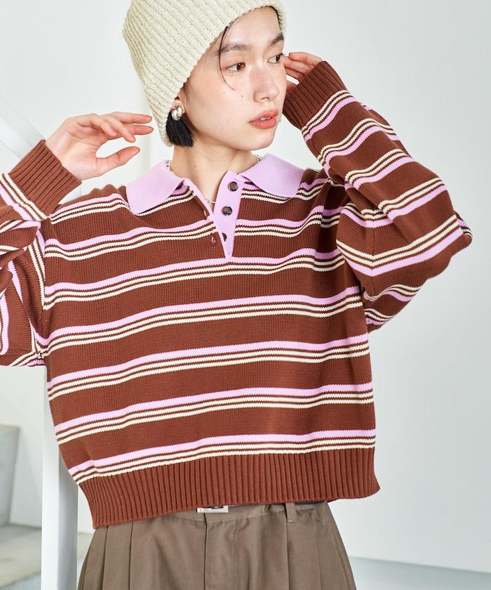 Polo領 條紋 短款 針織上衣