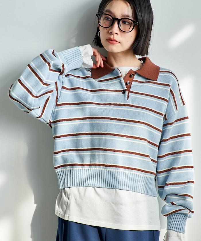 Polo領 條紋 短款 針織上衣