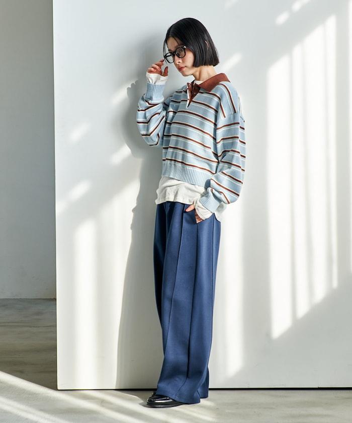 Polo領 條紋 短款 針織上衣