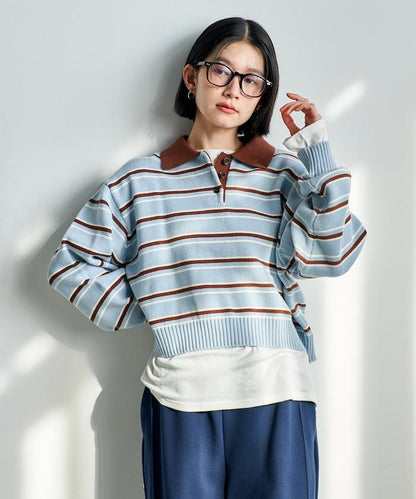 Polo領 條紋 短款 針織上衣