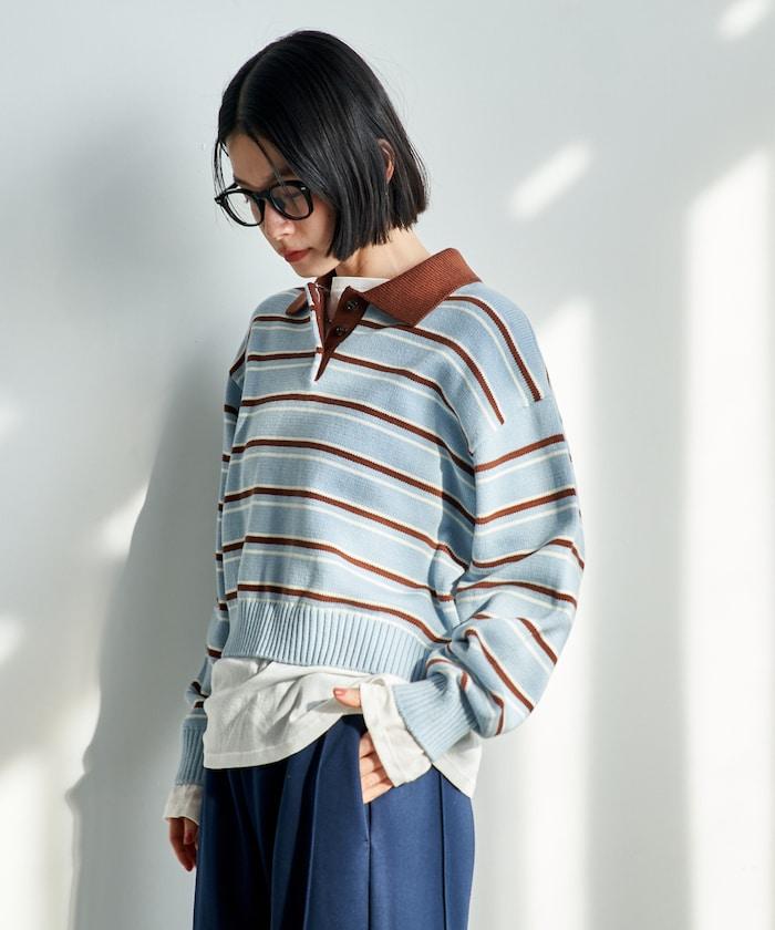 Polo領 條紋 短款 針織上衣