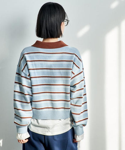 Polo領 條紋 短款 針織上衣