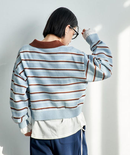 Polo領 條紋 短款 針織上衣