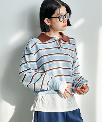 Polo領 條紋 短款 針織上衣