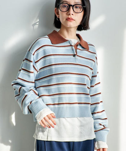 Polo領 條紋 短款 針織上衣