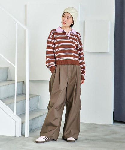 Polo領 條紋 短款 針織上衣