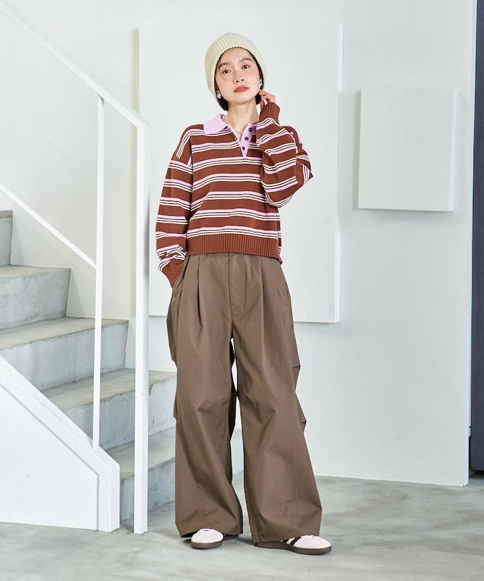 Polo領 條紋 短款 針織上衣