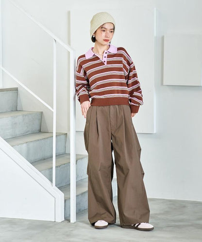 Polo領 條紋 短款 針織上衣